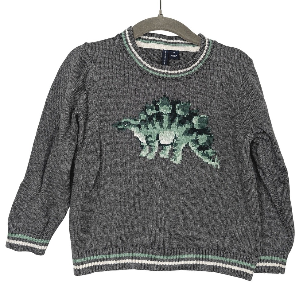 Janie and Jack Boys Gray Stegosaurus Dinosaur Knit Sweater 2T Striped Trim